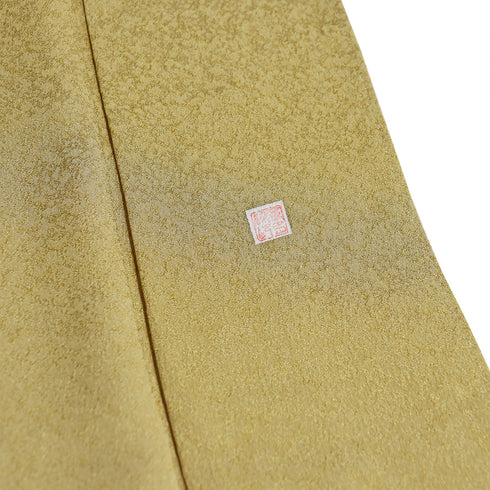 色無地 リサイクル 身丈159cm 裄63.4cm 袷 イエロー Mサイズ フォーマル お洒落 落款 一つ紋 正絹 広衿 地紋あり Sランク