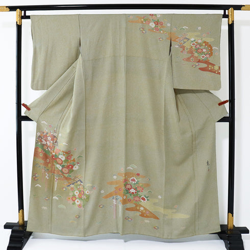 訪問着 リサイクル 身丈157cm 裄65.2cm 袷 松井清々 箔 松竹梅柄 グリーン Mサイズ セミフォーマル 落款 正絹 広衿 Sランク