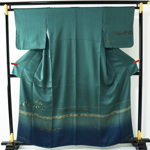 訪問着 リサイクル 身丈156.5cm 裄64.8cm 袷 箔 花や菱型模様 刺繍 グリーン Mサイズ お洒落 正絹 広衿 Aランク