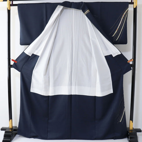 訪問着 リサイクル 身丈168cm 裄62.4cm 袷 デザイン線に熨斗柄 箔 ネイビー LLサイズ セミフォーマル お洒落 一つ紋 正絹 広衿 Sランク