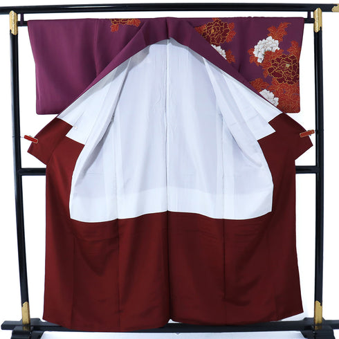 訪問着 リサイクル 身丈154cm 裄65.2cm 袷 牡丹柄 部分刺繍 箔加工 パープル Sサイズ セミフォーマル お洒落 正絹 広衿 Aランク