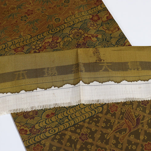 訪問着 リサイクル 身丈152.7cm 裄63.8cm 袷 型染め 青海波や草花柄 織り出し 大島紬 ブラウン Sサイズ お洒落 正絹 広衿 Sランク