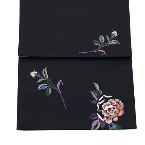 袋帯 リサイクル 帯丈442cm ポイント柄 薔薇柄 刺繍 Thumori Chisato ブラック Mサイズ 正絹 Sランク お洒落