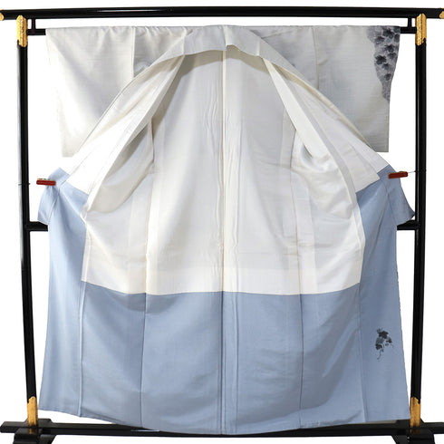 訪問着 リサイクル 身丈157.3cm 裄64.8cm 袷 紬 蔦柄 箔 杉本光正 グレー Mサイズ お洒落 落款 証紙 しつけ糸 正絹 広衿 Aランク