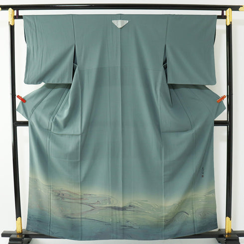 訪問着 リサイクル 夏着物 身丈157.5cm 裄64.4cm 絽 甲泰造作 流水 墨流し風 ブルー Mサイズ セミフォーマル お洒落 落款 一つ紋 正絹 広衿 Sランク
