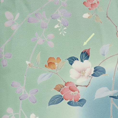 訪問着 リサイクル 身丈158cm 裄64.6cm 袷 花や木や鳥柄 松彩 グリーン Mサイズ フォーマル セミフォーマル 落款 正絹 広衿 Aランク