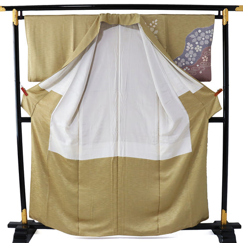 訪問着 リサイクル 身丈159cm 裄65cm 袷 観世水 花柄 部分絞り ベージュ サイズ セミフォーマル お洒落 一つ紋 正絹 広衿 Sランク