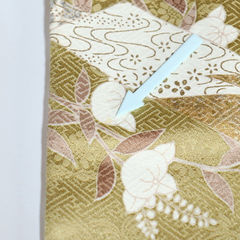 訪問着 リサイクル 身丈156cm 裄63.6cm 袷 たちばなに梅や花木柄 金駒刺繍 イエロー Mサイズ セミフォーマル お洒落 正絹 広衿 Sランク