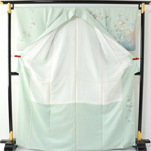 訪問着 リサイクル 身丈164.8cm 裄67.2cm 袷 菊柄 グリーン Lサイズ フォーマル セミフォーマル 落款 正絹 広衿 Sランク