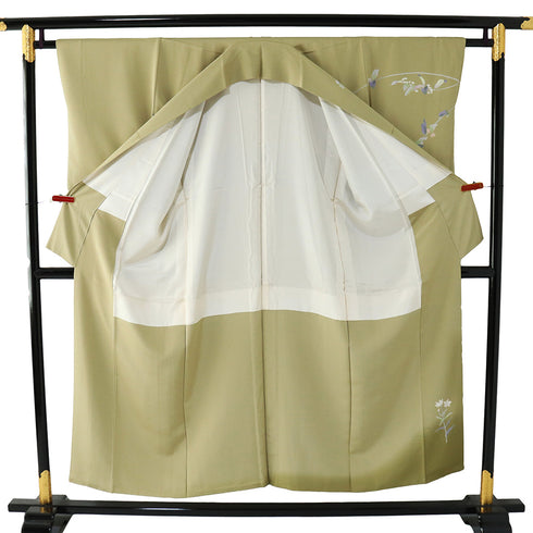 訪問着 リサイクル 身丈150cm 裄62.4cm 袷 草花柄 山﨑巌 グリーン SSサイズ セミフォーマル 落款 一つ紋 正絹 広衿 Sランク