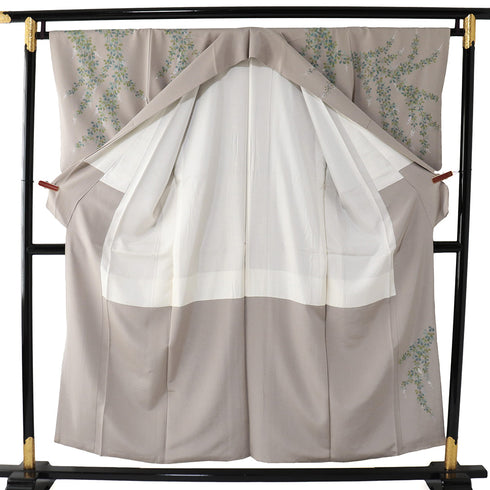 訪問着 リサイクル 身丈151.8cm 裄66cm 袷 スコッチガード 斜め格子垣根に花模様 ブラウン Sサイズ お洒落 落款 しつけ糸 正絹 広衿 Sランク