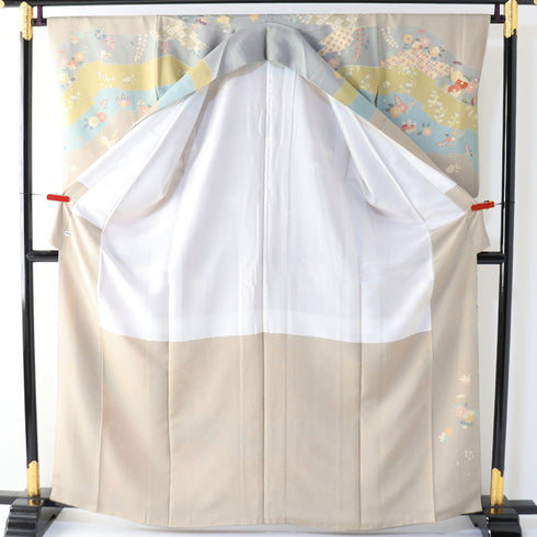 訪問着 リサイクル 身丈162.4cm 裄66.4cm 袷 七宝や菊柄など 金駒刺繍 パールトーン加工 多色 Lサイズ セミフォーマル 一つ紋 正絹 広衿 Sランク