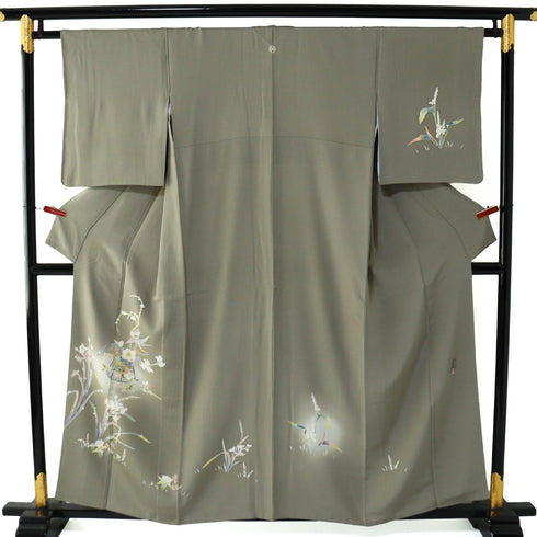 訪問着 リサイクル 身丈155.3cm 裄63.8cm 袷 京加賀友禅 百貫石峰作 パールトーン加工 花籠柄 グレー Sサイズ フォーマル セミフォーマル 一つ紋 正絹 広衿 Sランク