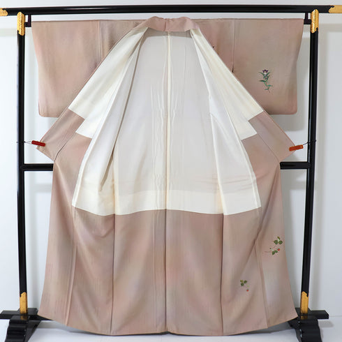 訪問着 リサイクル 身丈161.2cm 裄66cm 袷 草花柄 為書きあり ブラウン Lサイズ お洒落 正絹 広衿 Sランク
