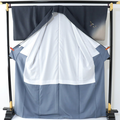 付下げ リサイクル 身丈167.7cm 裄66.4cm 袷 蔦柄 箔加工 ミシン仕立て 胴裏化繊 地紋 ネイビー LLサイズ お洒落 正絹 広衿 Sランク