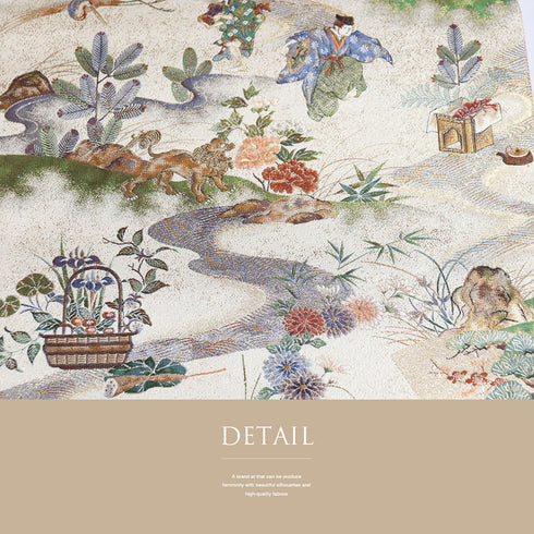 袋帯 リサイクル 帯丈450cm 全通 風景、七福神や風神雷神など 箔 リバーシブル 招福千寿文 ゴールド Lサイズ 正絹 Sランク フォーマル セミフォーマル