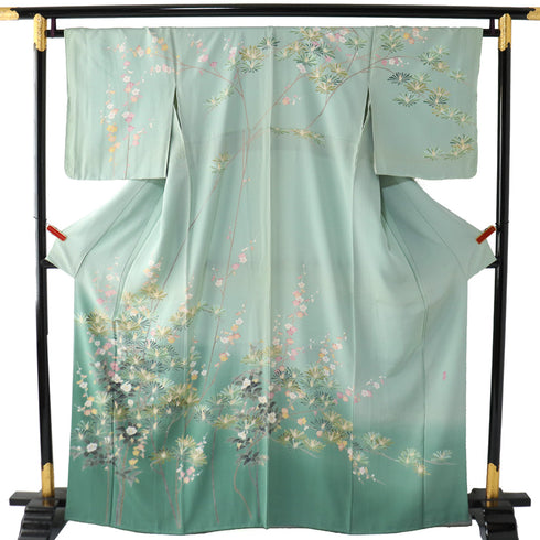 訪問着 リサイクル 身丈162.7cm 裄66.4cm 袷 若松模様 花柄 グリーン Lサイズ セミフォーマル 落款 一つ紋 しつけ糸 正絹 広衿 Aランク