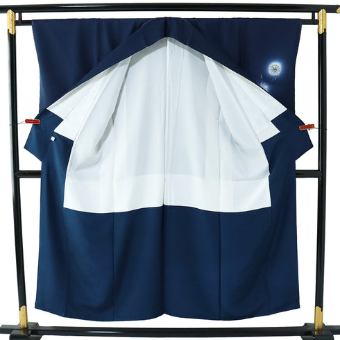 訪問着 リサイクル 身丈148cm 裄62.2cm 袷 デザイン花柄 地紋 京・綾小路 あうん坊 ネイビー SSサイズ お洒落 正絹 広衿 Sランク