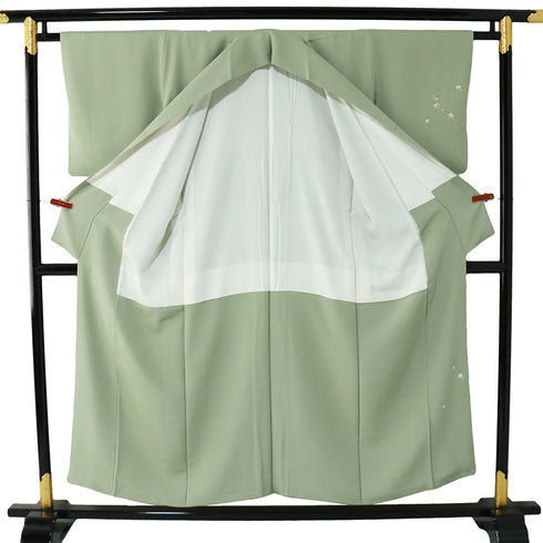 訪問着 リサイクル 身丈150.5cm 裄62.4cm 袷 小花柄 グリーン Sサイズ セミフォーマル お洒落 一つ紋 正絹 広衿 Aランク