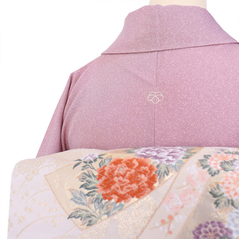 付下げ リサイクル 身丈159cm 裄63cm 袷 道長取りに菊やしだれ花模様 絞り柄 パープル Mサイズ セミフォーマル 一つ紋 正絹 広衿 Aランク