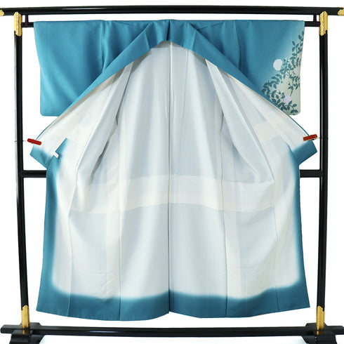 付下げ リサイクル 身丈147.5cm 裄63.8cm 袷 結城紬 五月みどりプロデュース 花柄 ブルー SSサイズ お洒落 正絹 広衿 Sランク