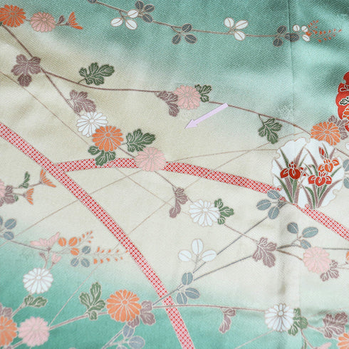 付下げ リサイクル 身丈164.5cm 裄65.2cm 袷 雪輪 花柄 地紋 箔加工 グリーン Lサイズ セミフォーマル お洒落 正絹 広衿 Sランク