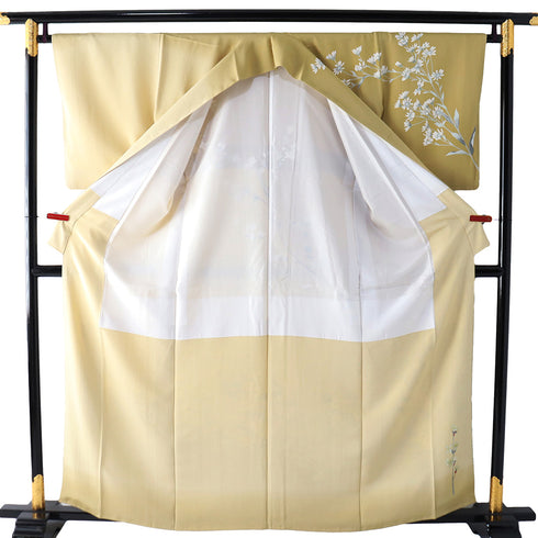 訪問着 リサイクル 身丈159.7cm 裄66.4cm 袷 花枝柄 加賀友禅 イエロー Mサイズ セミフォーマル お洒落 正絹 広衿 Sランク