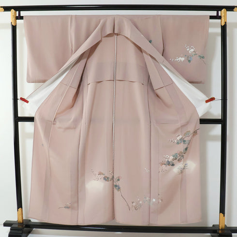 付下げ リサイクル 身丈152cm 裄64.2cm 単衣 花枝に草花柄 ピンク Sサイズ お洒落 正絹 広衿 Aランク