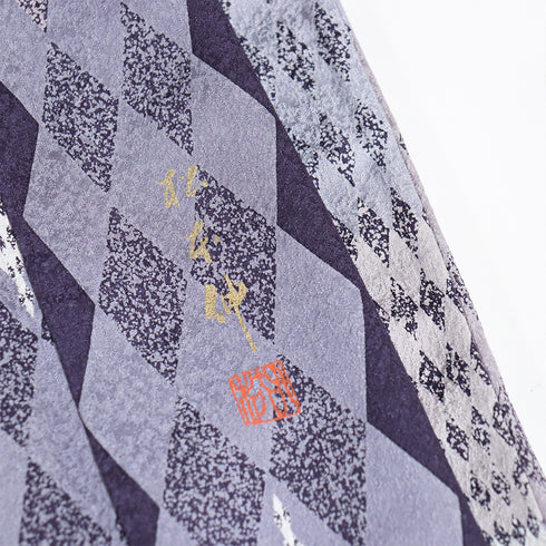 小紋 リサイクル 身丈152cm 裄64cm 袷 菱つなぎ柄 地紋 松本伸 パープル Sサイズ お洒落 カジュアル 正絹 バチ衿 Aランク