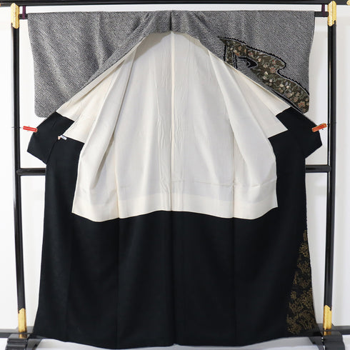 訪問着 リサイクル 身丈159cm 裄64.8cm 袷 流水に花柄 総絞り 金彩 刺繍 ブラック Mサイズ お洒落 正絹 広衿 Sランク