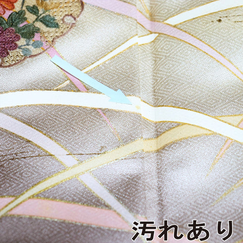 訪問着 リサイクル 身丈157cm 裄64.2cm 袷 雪輪に花模様 刺繍 箔 ブラウン Mサイズ お洒落 セミフォーマル しつけ糸 正絹 広衿 Bランク