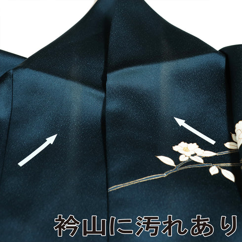 付下げ リサイクル 身丈156.7cm 裄62.6cm 袷 椿や花枝模様 箔加工 パールトーン加工 ネイビー Mサイズ フォーマル セミフォーマル 正絹 広衿 Aランク