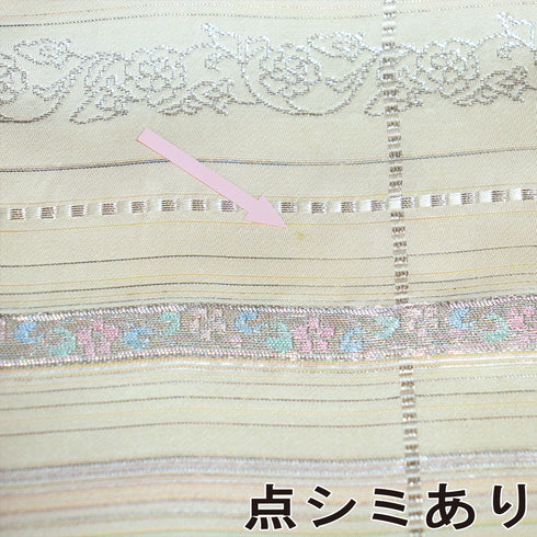 名古屋帯 リサイクル 帯丈340cm 六通 格子に花唐草模様 織り出し名古屋帯 ベージュ Sサイズ 正絹 Aランク お洒落