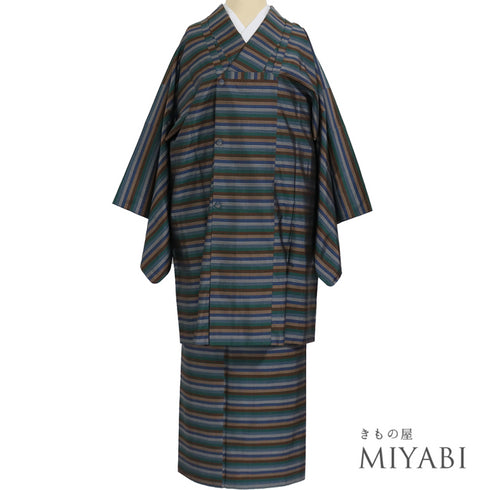 大島紬 リサイクル アンサンブル 2点セット 袷 証紙 Lサイズ Aランク ボーダー柄 カジュアル 道行コート丈89.5cm 身丈161.5cm 裄64.8cm 正絹 着物 AN-56