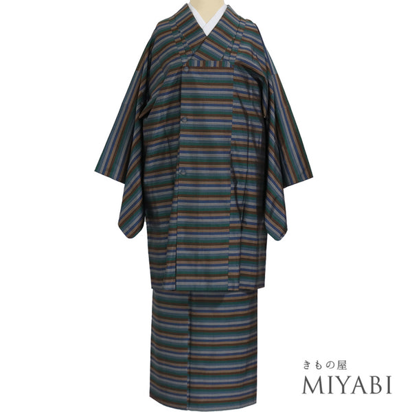 大島紬 リサイクル アンサンブル 2点セット 袷 証紙 Lサイズ Aランク ボーダー柄 カジュアル 道行コート丈89.5cm 身丈161.5cm 裄64.8cm 正絹 着物 AN-56