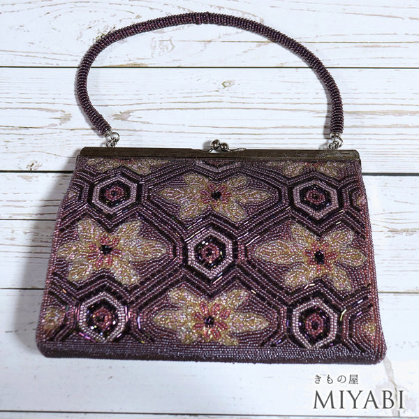ビーズバック アンティーク パープル地 花柄 お洒落 カジュアル 横幅19cm 高さ13cm マチ5cm Aランク 和装小物 ET-391