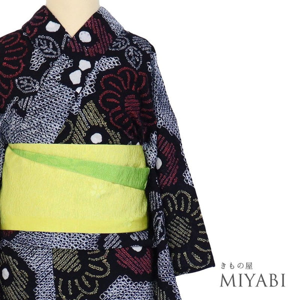 浴衣 リサイクル 絞り 三浦絞り 単衣 Sサイズ Aランク 花柄 カジュアル 身丈152cm 裄62cm 綿 着物 YU-172
