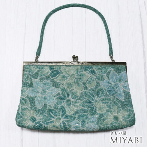 ビーズバック グリーン 花柄 お洒落 カジュアル 横幅22.5cm 高さ13cm マチ3.5cm Aランク 和装小物 ZO-87