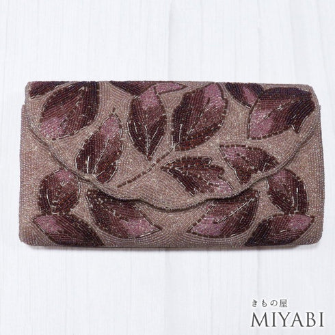 ビーズバック クラッチバッグ 葉柄 ピンクパープル お洒落 横幅22cm 高さ13cm マチ3.5cm Aランク 和装小物 ZO-88