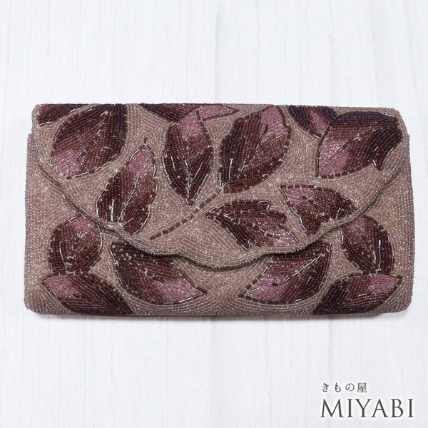 ビーズバック クラッチバッグ 葉柄 ピンクパープル お洒落 横幅22cm 高さ13cm マチ3.5cm Aランク 和装小物 ZO-88