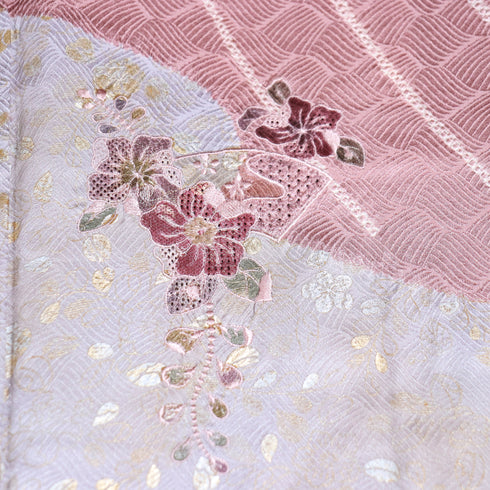 訪問着 リサイクル 身丈163.5cm 裄65cm 袷 絞り 汕頭刺繍風 辻ヶ花風 箔 地紋 ピンク Lサイズ お洒落 しつけ糸 正絹 広衿 Sランク