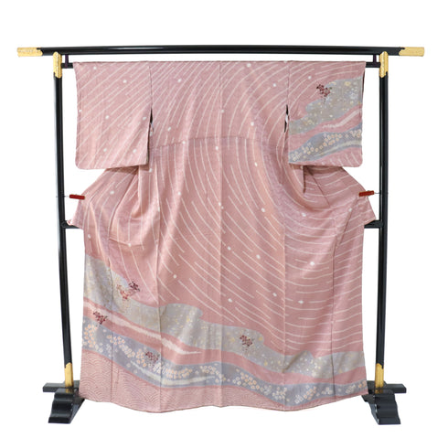 訪問着 リサイクル 身丈163.5cm 裄65cm 袷 絞り 汕頭刺繍風 辻ヶ花風 箔 地紋 ピンク Lサイズ お洒落 しつけ糸 正絹 広衿 Sランク