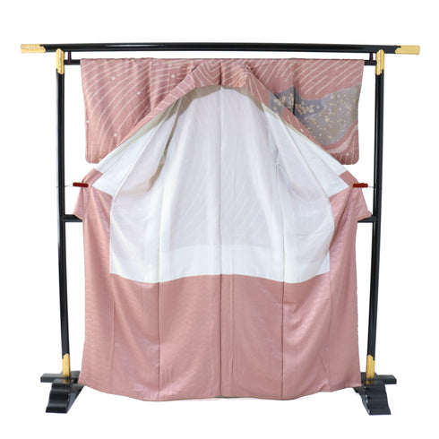 訪問着 リサイクル 身丈163.5cm 裄65cm 袷 絞り 汕頭刺繍風 辻ヶ花風 箔 地紋 ピンク Lサイズ お洒落 しつけ糸 正絹 広衿 Sランク