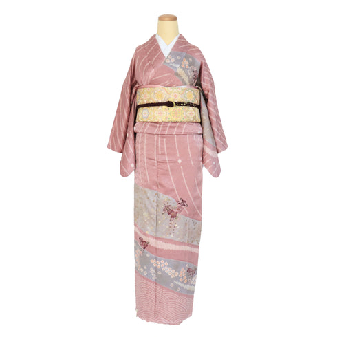 訪問着 リサイクル 身丈163.5cm 裄65cm 袷 絞り 汕頭刺繍風 辻ヶ花風 箔 地紋 ピンク Lサイズ お洒落 しつけ糸 正絹 広衿 Sランク