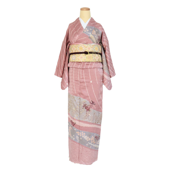 訪問着 リサイクル 身丈163.5cm 裄65cm 袷 絞り 汕頭刺繍風 辻ヶ花風 箔 地紋 ピンク Lサイズ お洒落 しつけ糸 正絹 広衿 Sランク