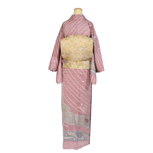 訪問着 リサイクル 身丈163.5cm 裄65cm 袷 絞り 汕頭刺繍風 辻ヶ花風 箔 地紋 ピンク Lサイズ お洒落 しつけ糸 正絹 広衿 Sランク