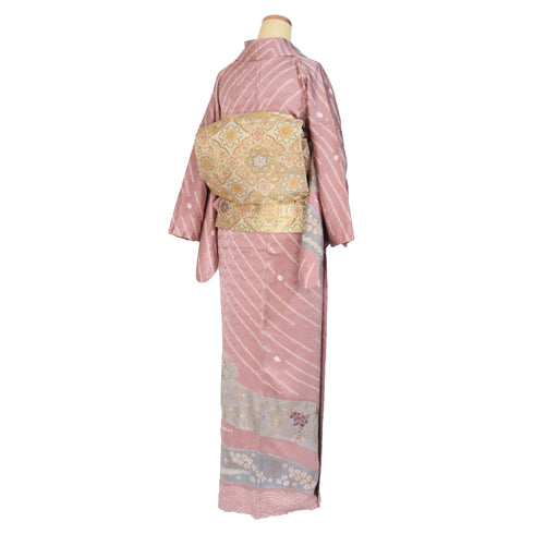 訪問着 リサイクル 身丈163.5cm 裄65cm 袷 絞り 汕頭刺繍風 辻ヶ花風 箔 地紋 ピンク Lサイズ お洒落 しつけ糸 正絹 広衿 Sランク