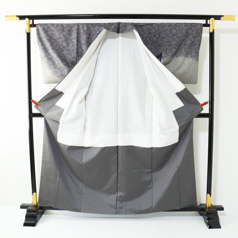 付下げ リサイクル 身丈158.8cm 裄65.2cm 袷 大島紬 草花柄 グレー Mサイズ お洒落 正絹 広衿 Sランク