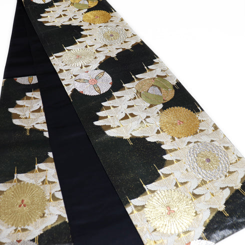 袋帯 リサイクル 帯丈434cm 六通 鶴に松と菊柄 流水翔鶴松菊文 ブラック Sサイズ 正絹 Sランク フォーマル