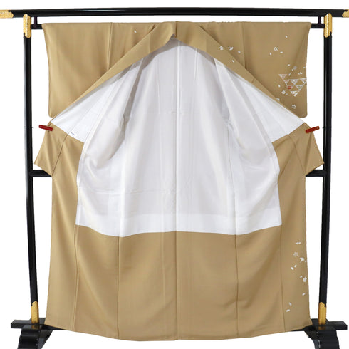 訪問着 身丈161.5cm 裄64.4cm 袷 うろこに宝尽くし柄 金駒刺繍 箔 パールトーン加工 ブラウン Lサイズ セミフォーマル しつけ糸 正絹 広衿 Sランク